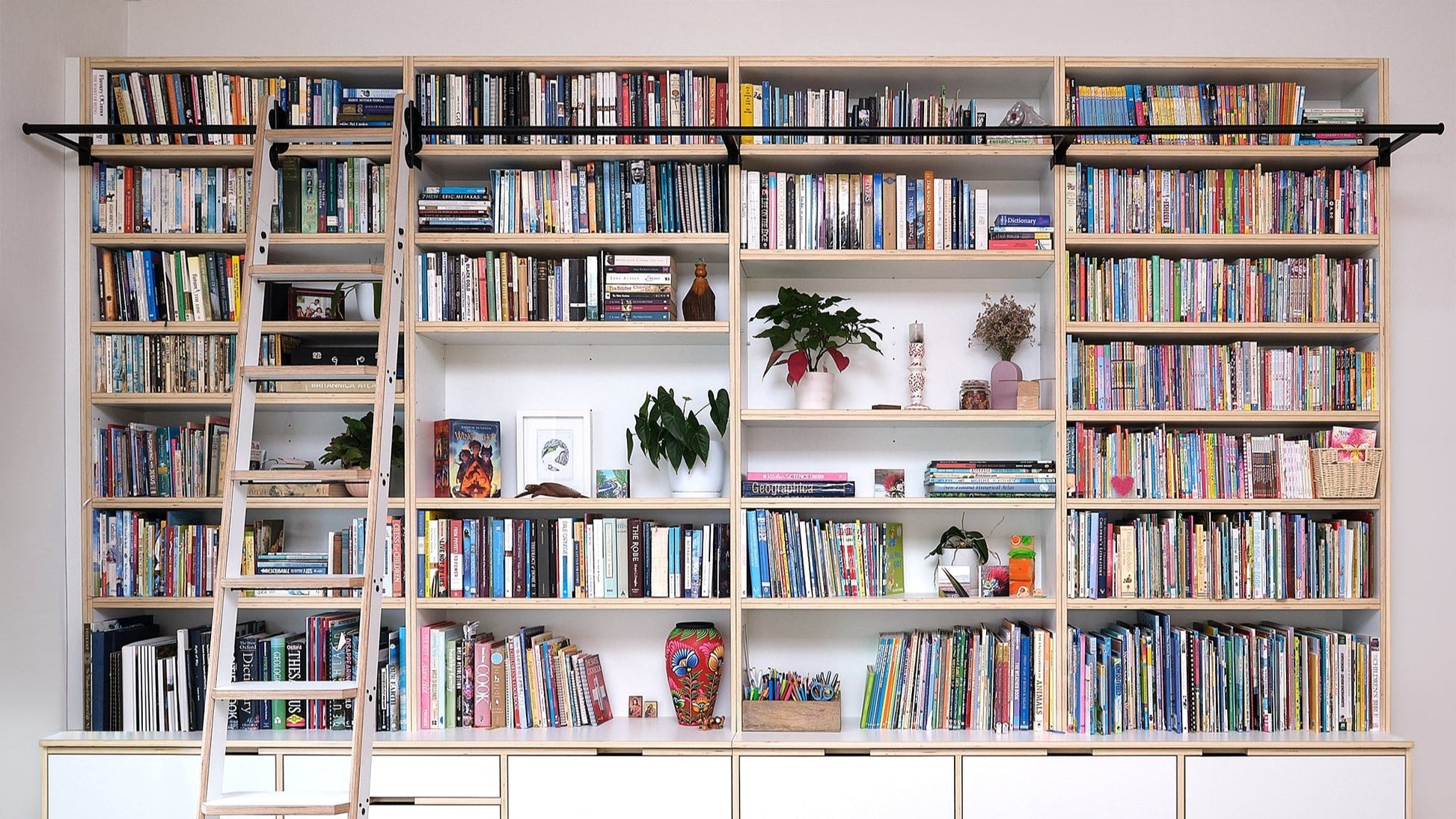 Plywood Shelving Library with Rolling Ladder – PlyLab