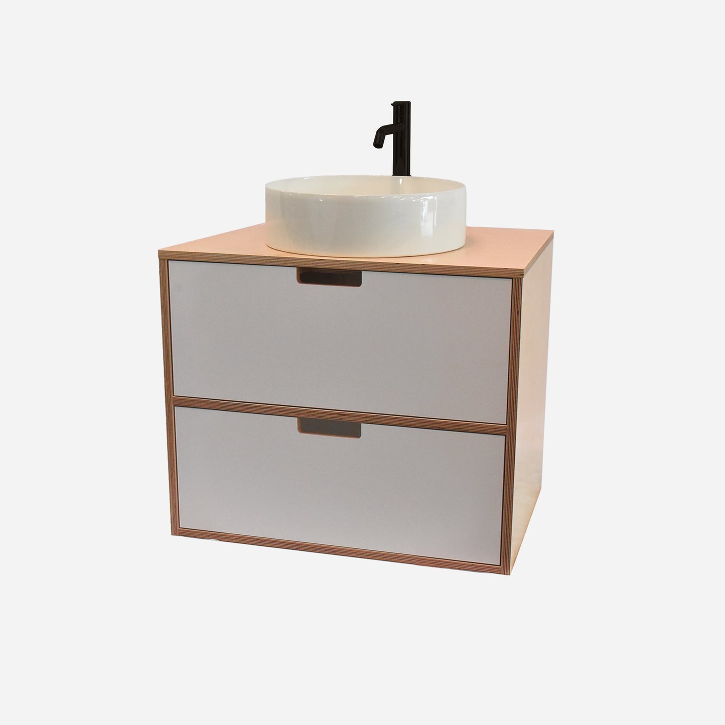 600mm Floating Rounded Handle 2 Drawer Vanity with Counter Basin and Basin Mixer